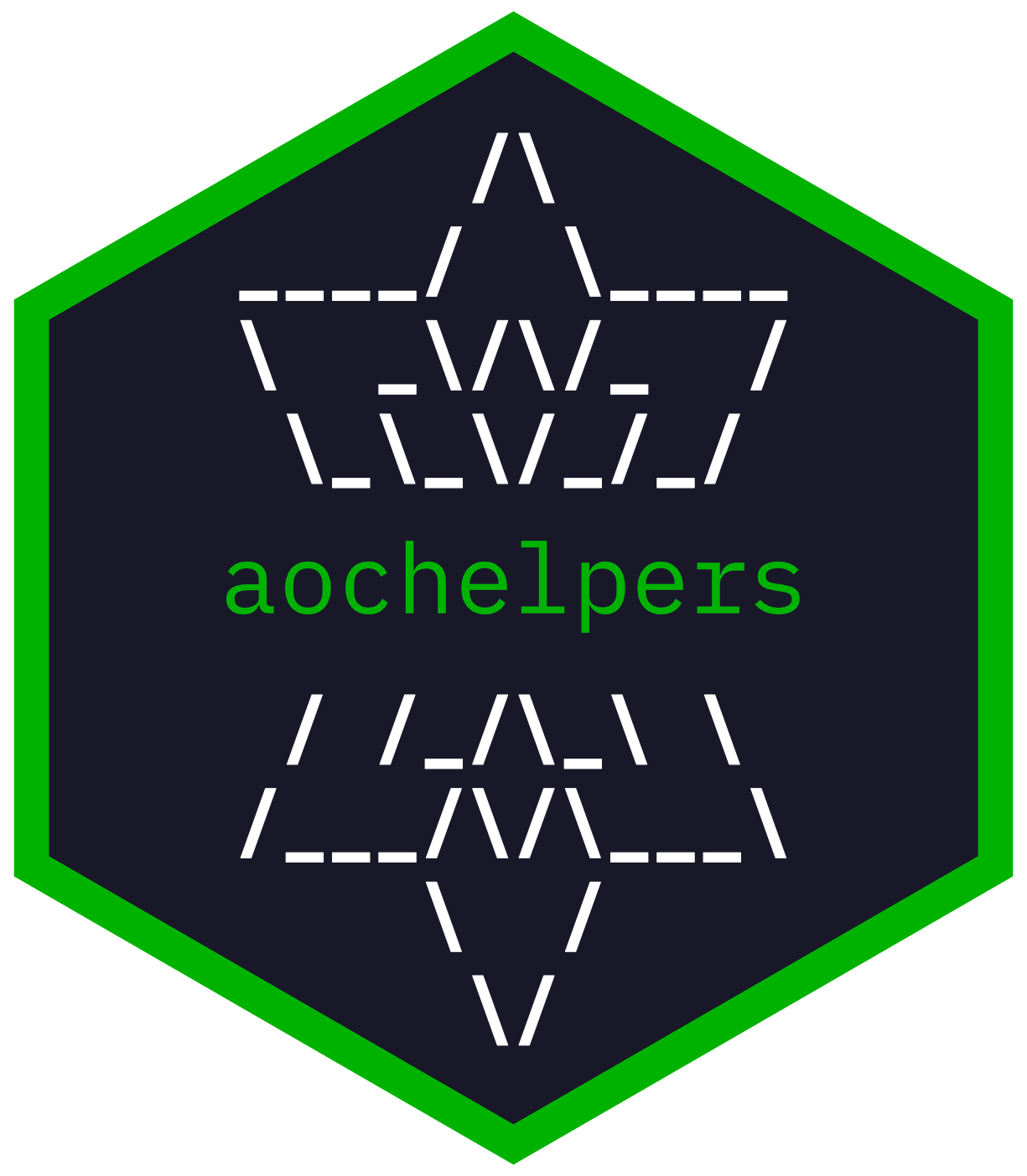 aochelpers hex sticker, with a bright green outline and a dark background. The hex is filled with a white ASCII art star, with the word aochelpers in bright green in the middle.
