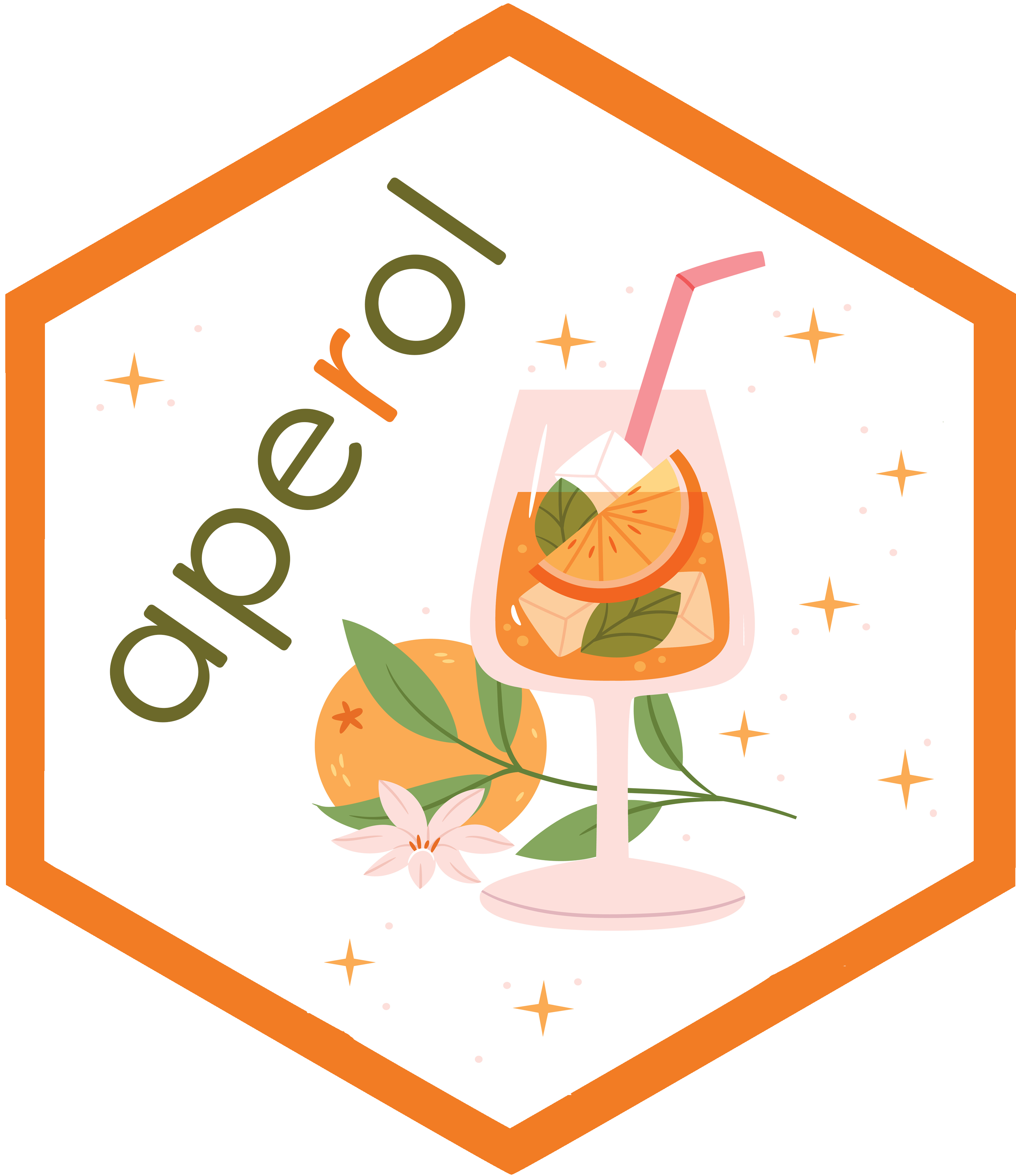 A stylized illustration within an orange hexagonal frame. The word &#039;aperol' is written diagonally in green. Tere's a cocktail glass filled with an orange drink, ice cubes, and a slice of orange. The glass has a pink straw. Next to the glass is a whole orange with leaves and a pink flower. Small sparkles and stars are scattered around the image, giving it a festive feel. The color scheme is predominantly orange, green, and pink, creating a vibrant and summery atmosphere.
