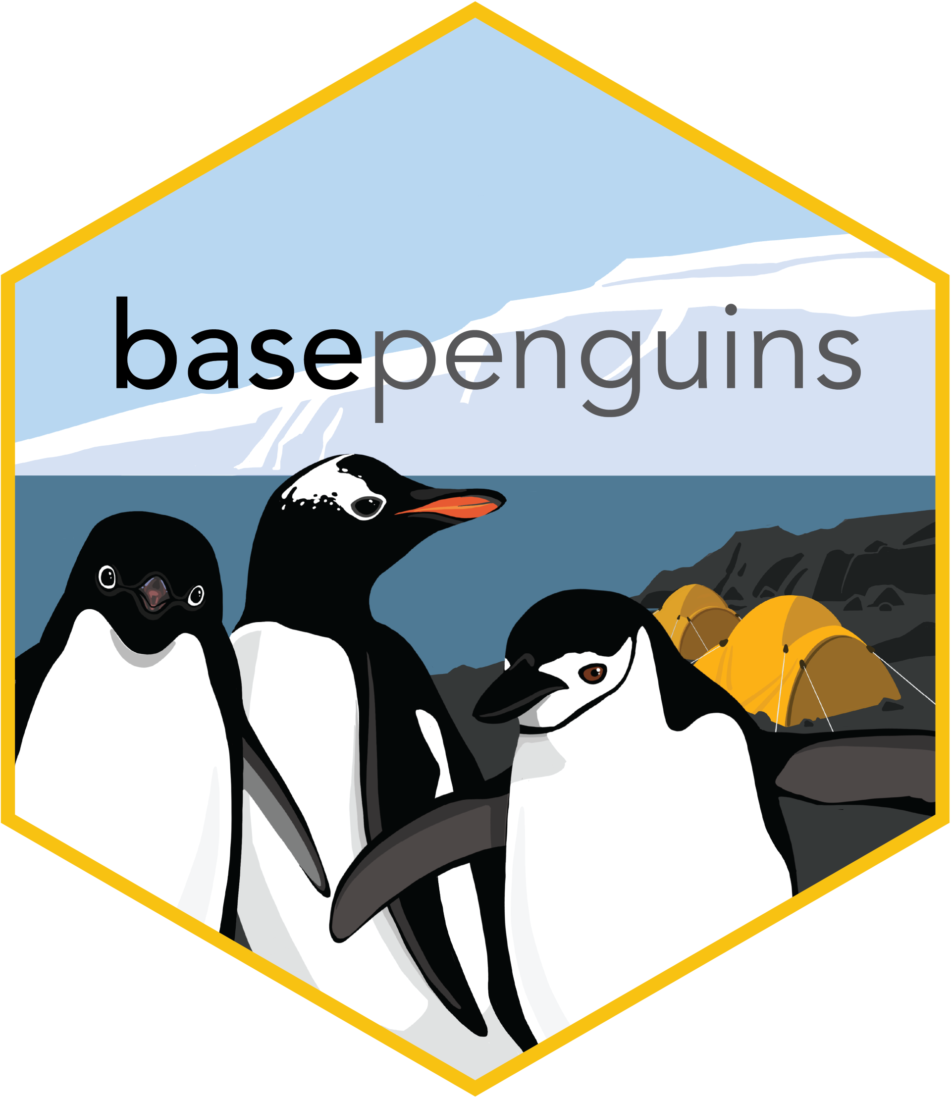 A hexagonal logo for the basepenguins pack featuring three penguins in the foreground against an Antarctic landscape - an Adelie penguin on the left, a Gentoo penguin in the center back, and a Chinstrap penguin on the right. Behind them is a scenic view with icebergs, mountains, and what yellow camping tents on rocky terrain. The logo has a golden yellow border and the text basepenguins is displayed prominently across the upper portion in black letters.
