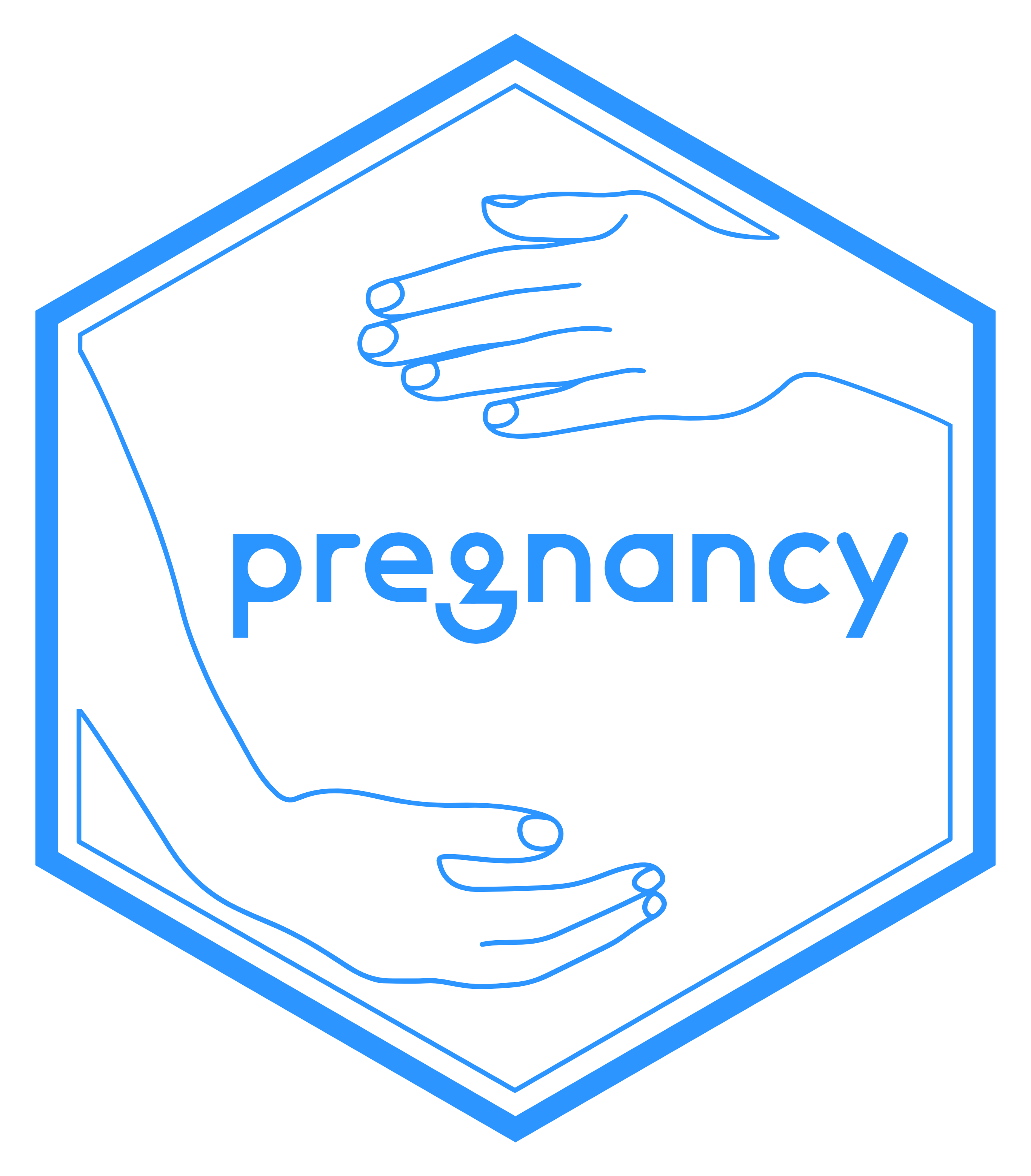 Hex sticker for the pregnancy R package featuring a blue hexagonal border with stylized hands traced from a photo of a woman cradling her pregnant belly, positioned around the package name.
