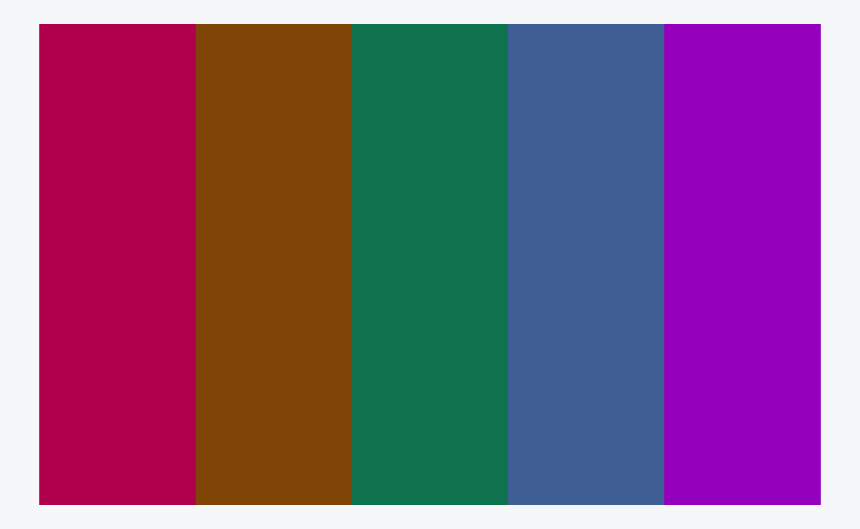 A swatch of five colours, pink, brown, green, blue, magenta, all slightly darker than in the previous figure.