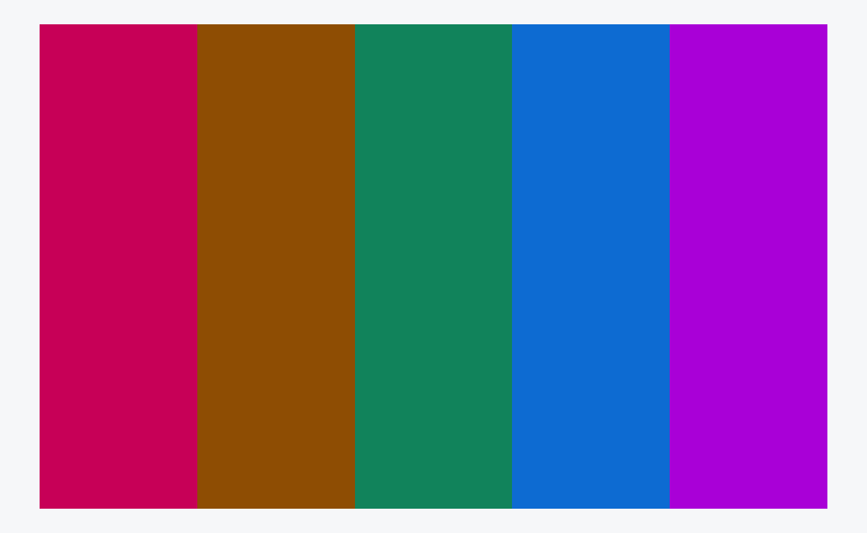 A swatch of five colours in the HCL space, my pink, a brown, green, blue and magenta.