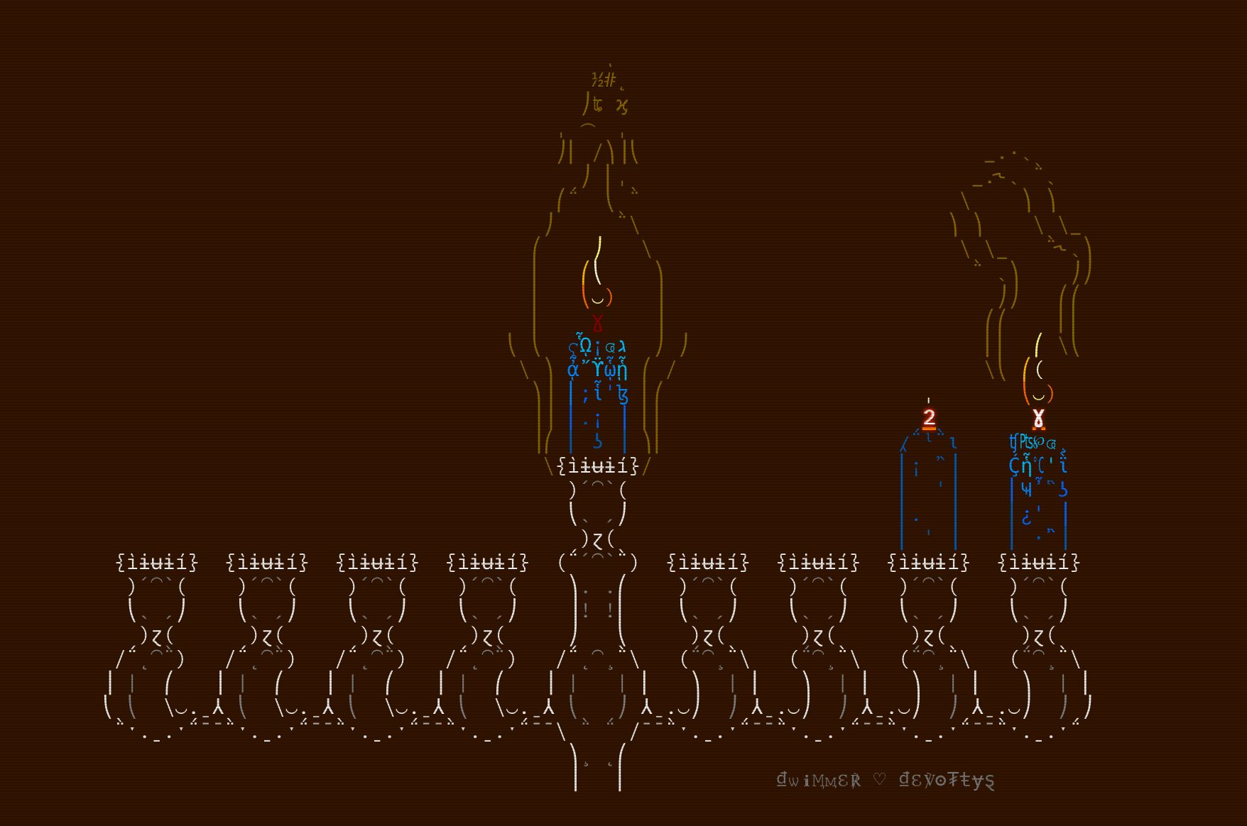 An ASCII art image of a menorah. The shamash and first candle are lit. There&#039;s an unlit candle for the second night. The remaining candle holders are empty.
