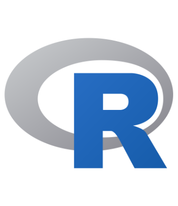 The logo for the R project, consisting of a large gray oval with a blue capital letter &#039;R' overlapping it on the right side. The 'R' is bold and stands out prominently against the gray background.
