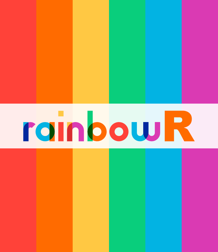 A rectangle featuring vertical stripes in the rainbow pride colours: red, orange, yellow, green, blue, and purple. In the center, there&#039;s a white horizontal band with the text 'rainbowR' written in a playful, multi-colored font. Each letter of 'rainbow' is composed from two geometic shapes in different colours, matching the rainbow stripes in the background, which overlap to make a third colour. The 'R' is from the R language logo.
